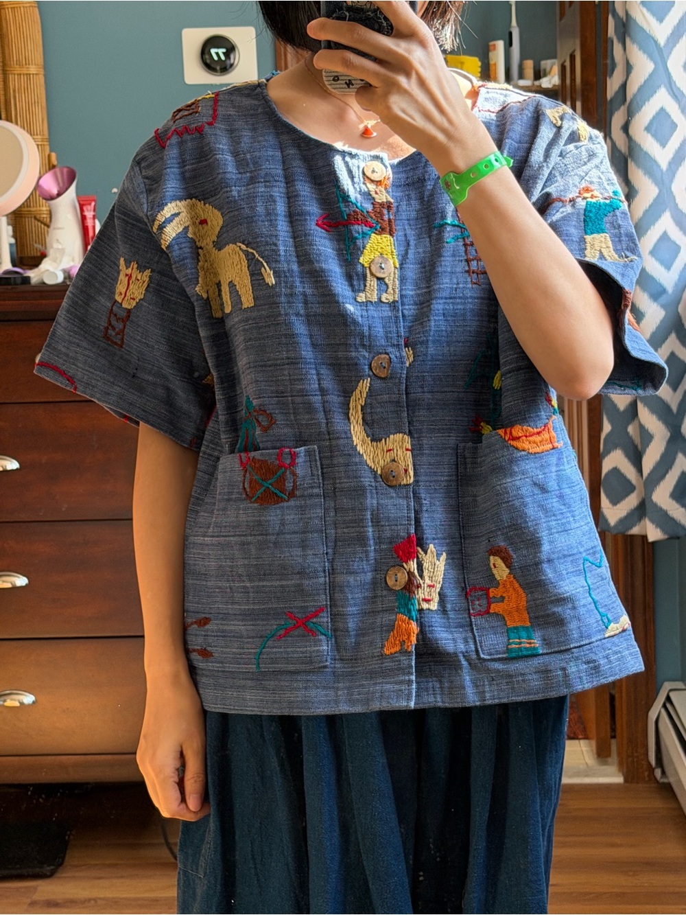 Handmade in Thailand Embroidered Blue Short-Sleeve Button Shirt